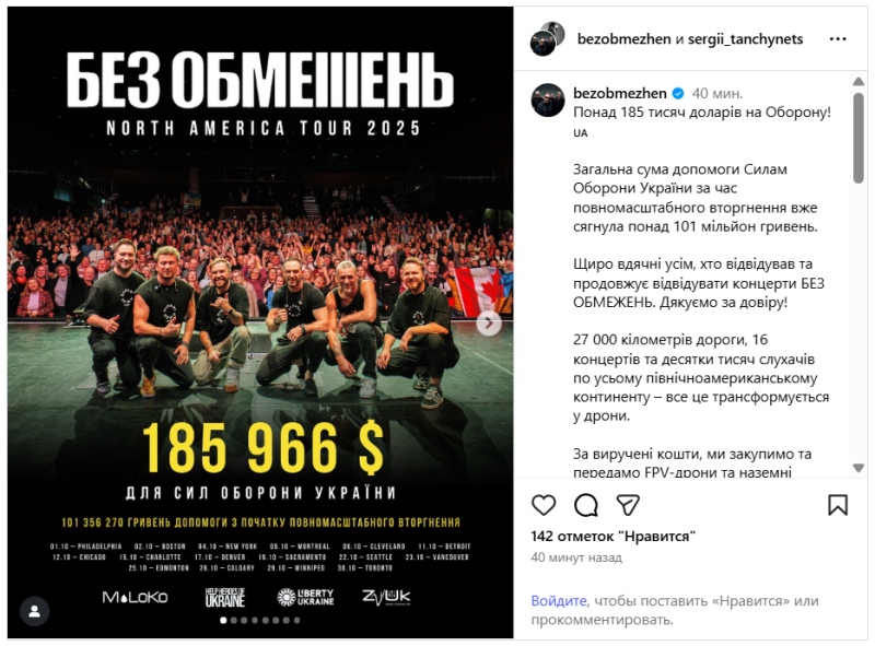 Рок-группа "Без обмежень" собрала более $185 тысяч для Сил обороны во время тура в США и Канаде